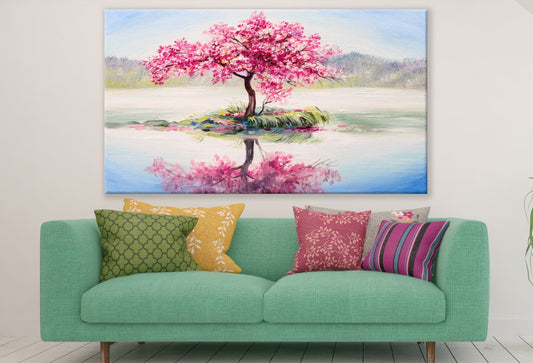 Single Cherry Bloosm Tree in a Lake Painting Print 100% Australian Made