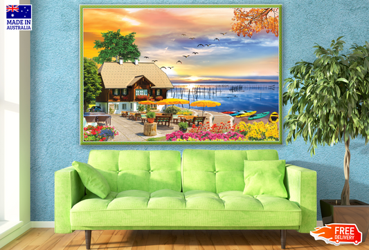 House Near Lake with Boats Print 100% Australian Made