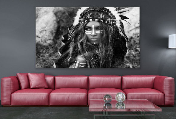 Headdress Native Lady Portrait Black & White Print 100% Australian Made