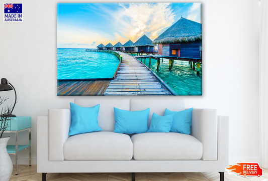 Stunning View of Huts on Pier & Beach Photograph Print 100% Australian Made