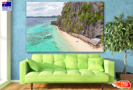 Stunning Beach & Cliff View with A Boat Photograph Print 100% Australian Made