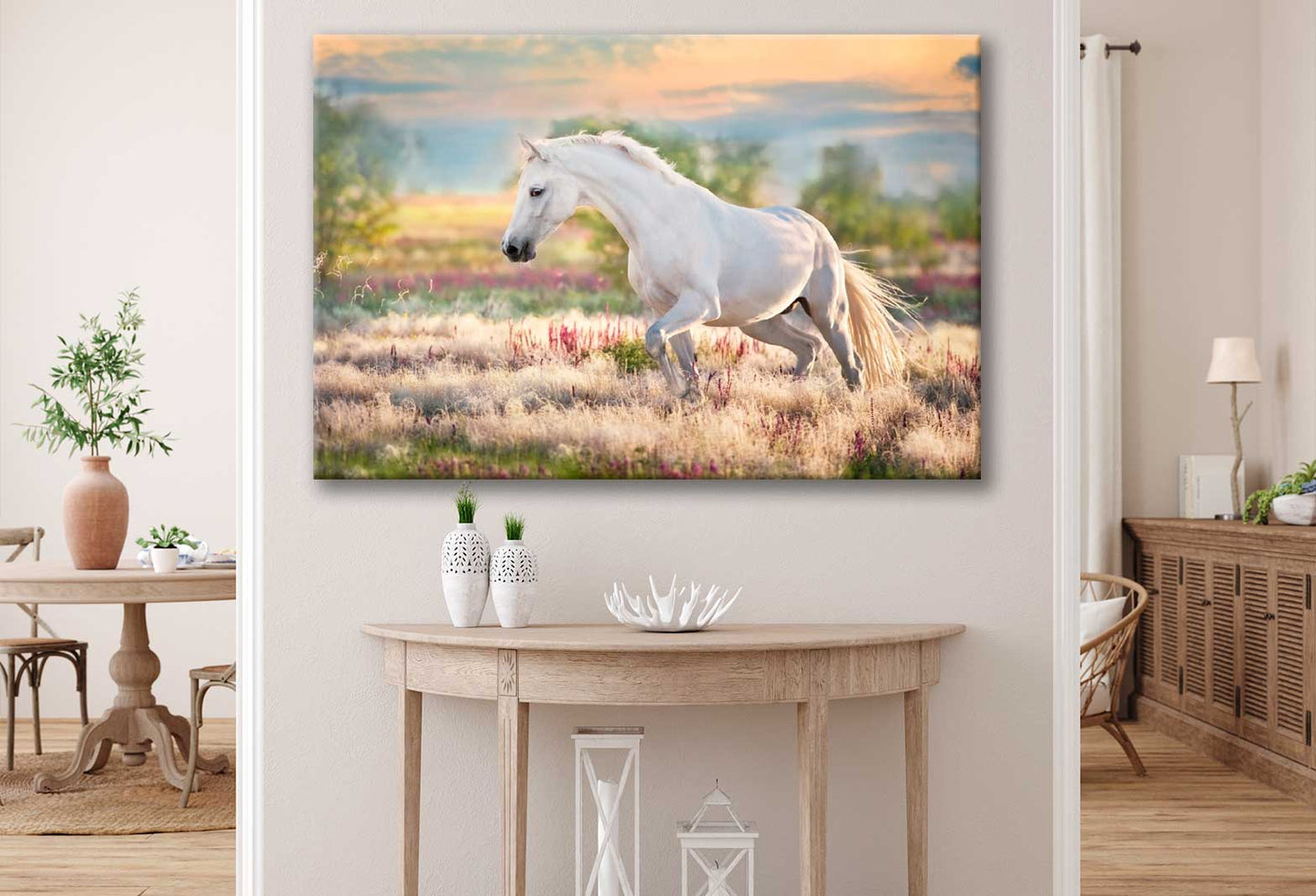 Bella Home White Horse Grass Field & Sunset Print Canvas Ready to hang