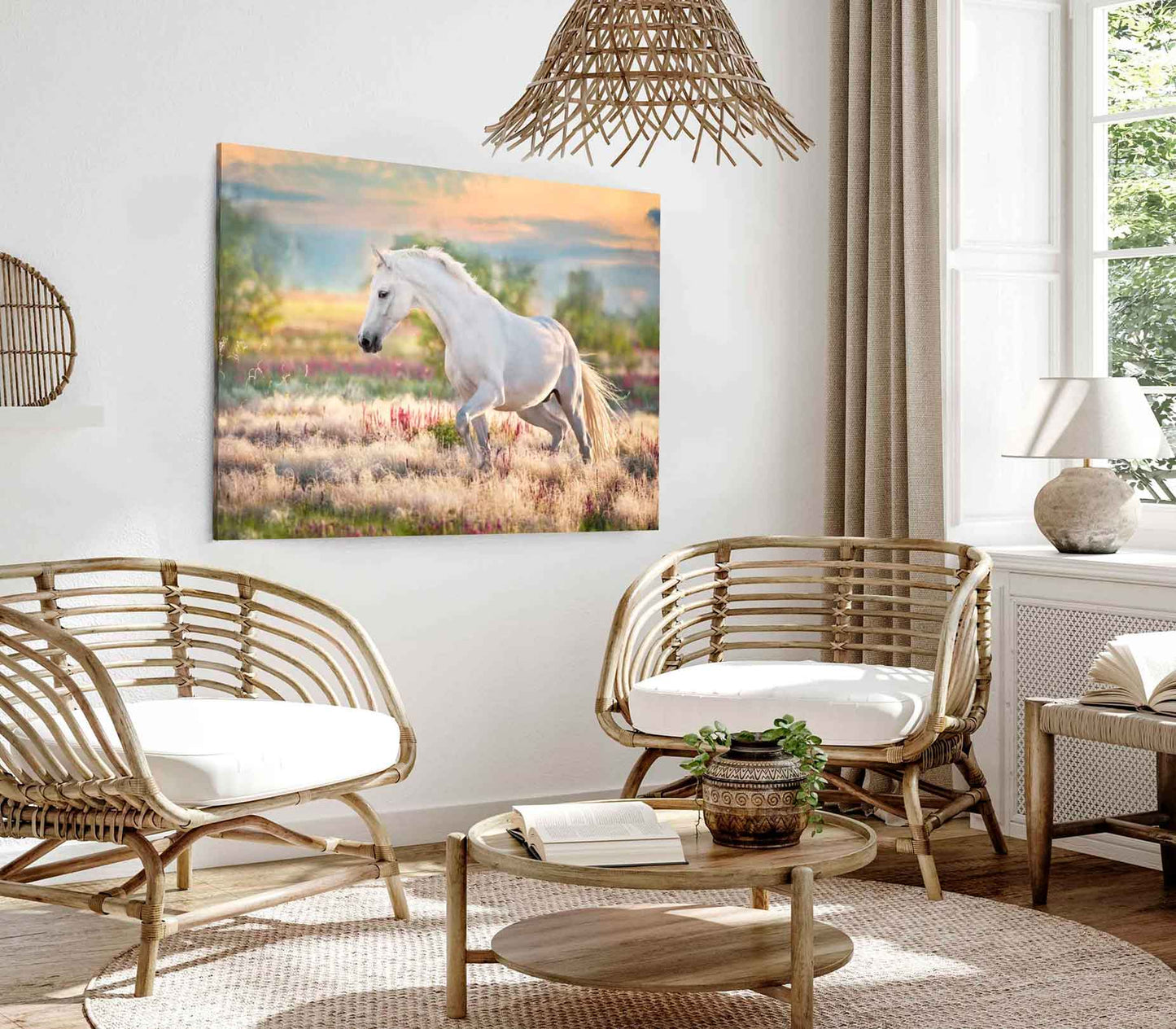 Bella Home White Horse Grass Field & Sunset Print Canvas Ready to hang