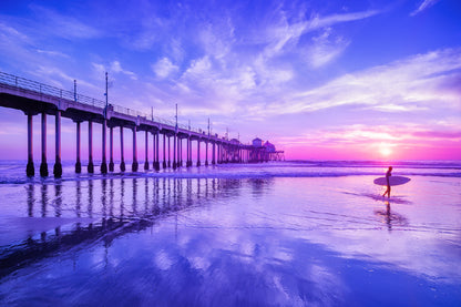 Wooden Pier on Sea & Pink Sky View Photograph Print 100% Australian Made