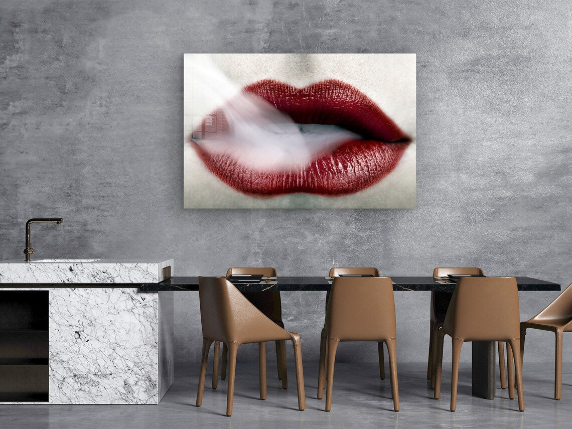 Smoke Red Lips Closuep Print Tempered Glass Wall Art 100% Made in Australia Ready to Hang