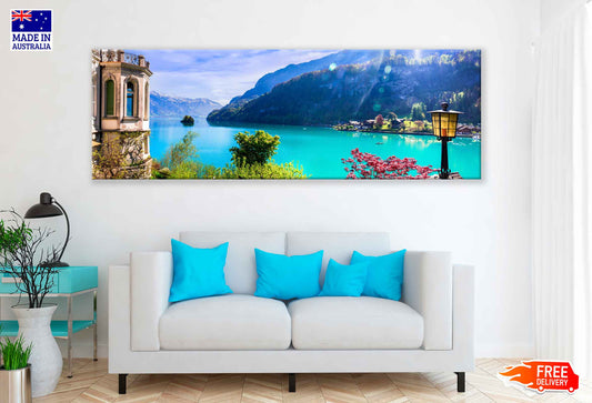 Panoramic Canvas Iseltwald Village Lake Scenery Photograph High Quality 100% Australian Made Wall Canvas Print Ready to Hang