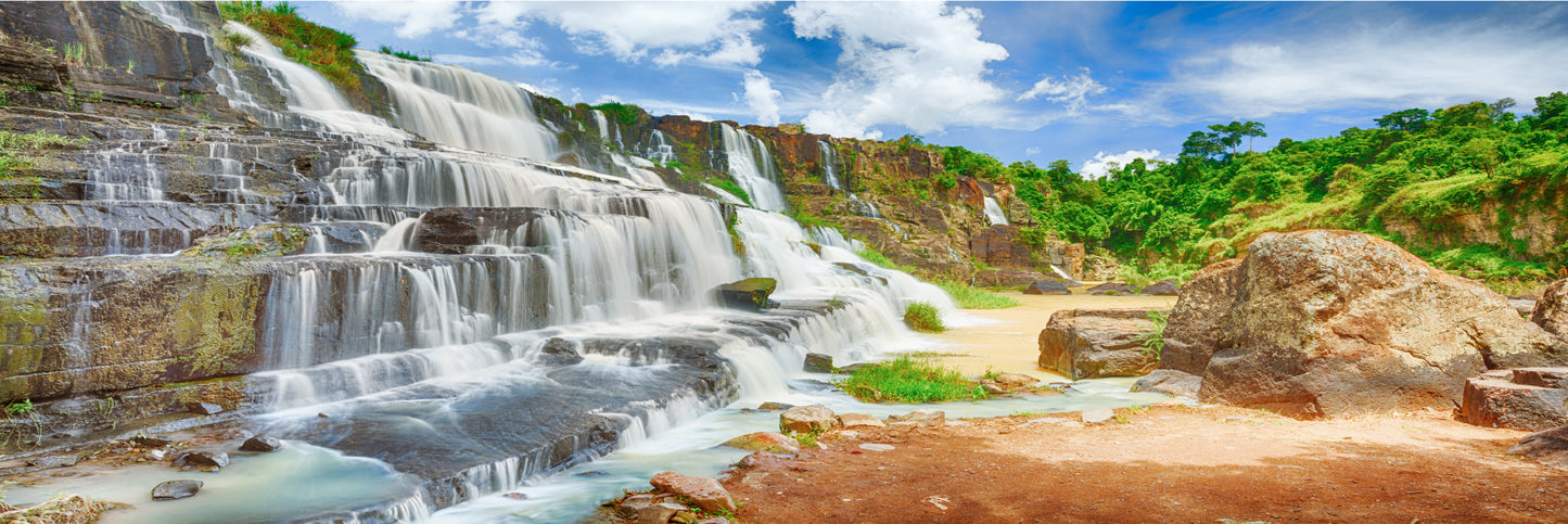 Panoramic Canvas Pongour Waterfall With Trees High Quality 100% Australian Made Wall Canvas Print Ready to Hang