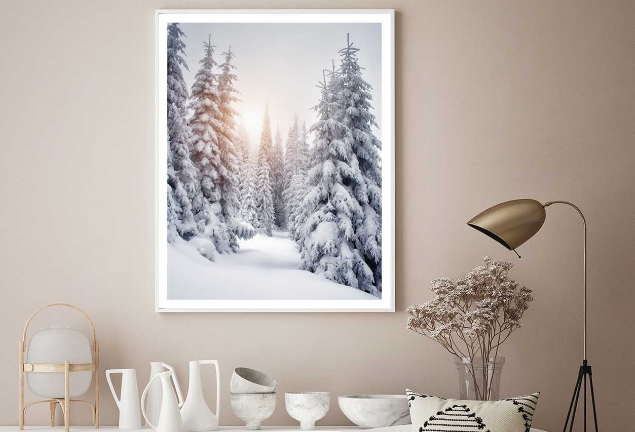 Snow Covered Pine Trees Sunset View Photograph Home Decor Premium Quality Poster Print Choose Your Sizes