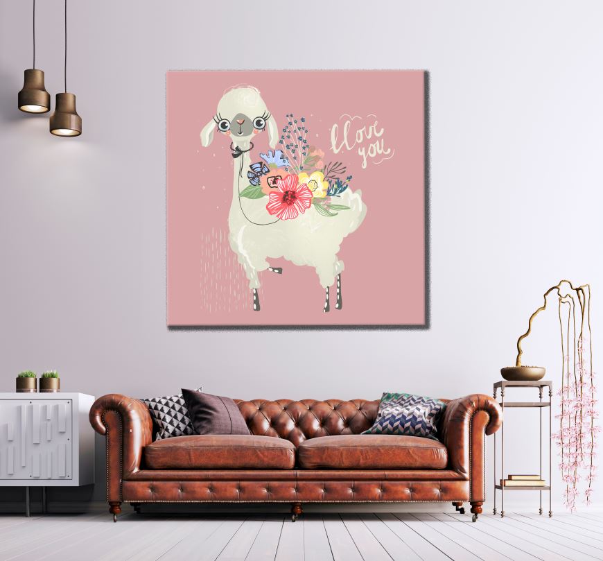 Square Canvas Alpaca with Flowers Painting High Quality Print 100% Australian Made