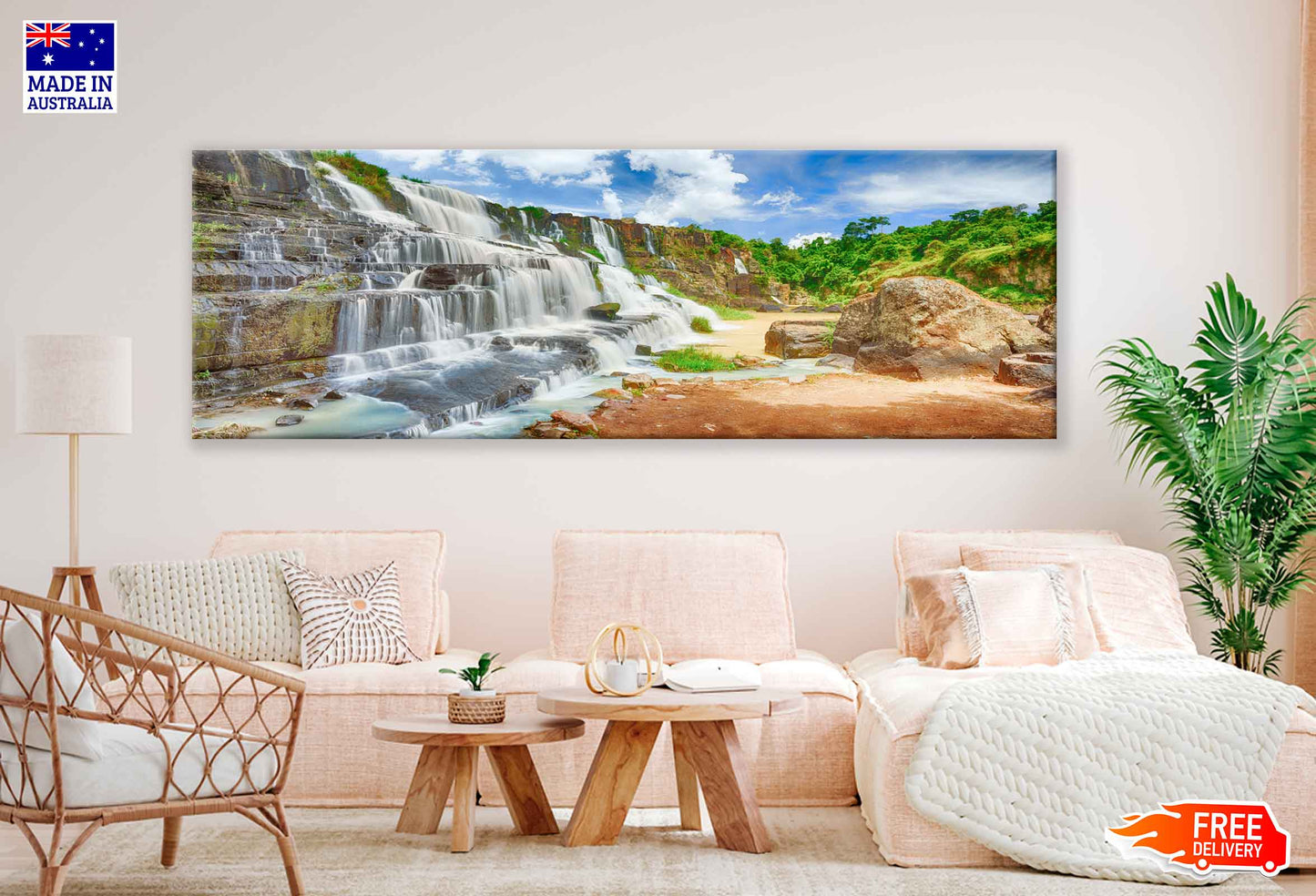 Panoramic Canvas Pongour Waterfall With Trees High Quality 100% Australian Made Wall Canvas Print Ready to Hang