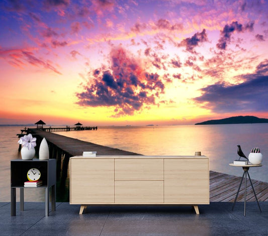 Wallpaper Murals Peel and Stick Removable Wooden Pier Over a Lake at Sunset High Quality