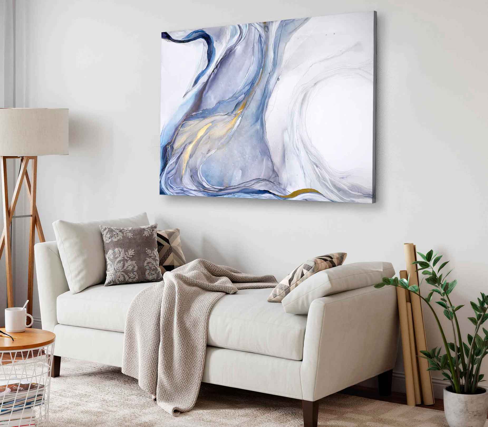 Bella Home Blue White & Gold Abstract Design Print Canvas Ready to hang