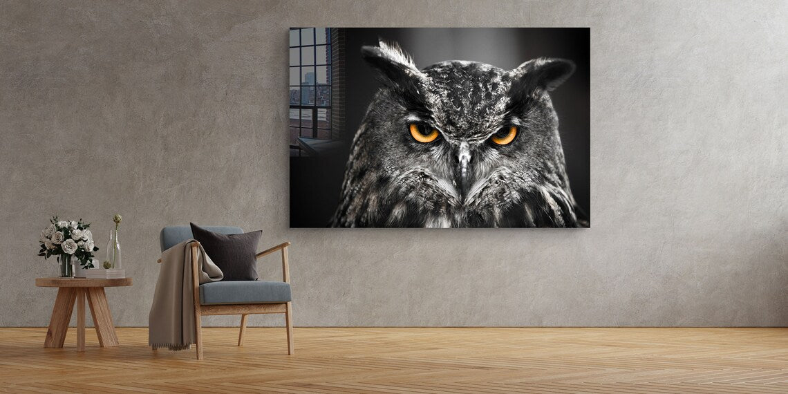 Yellow Eyes Owl B&W Print Tempered Glass Wall Art 100% Made in Australia Ready to Hang