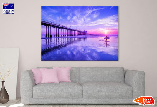 Wooden Pier on Sea & Pink Sky View Photograph Print 100% Australian Made