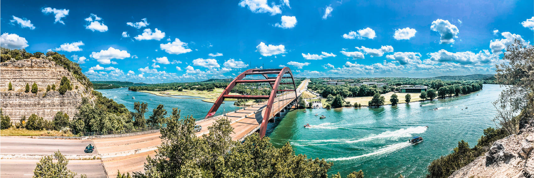 Panoramic Canvas Pennybacker Bridge & Sea Photograph High Quality 100% Australian Made Wall Canvas Print Ready to Hang