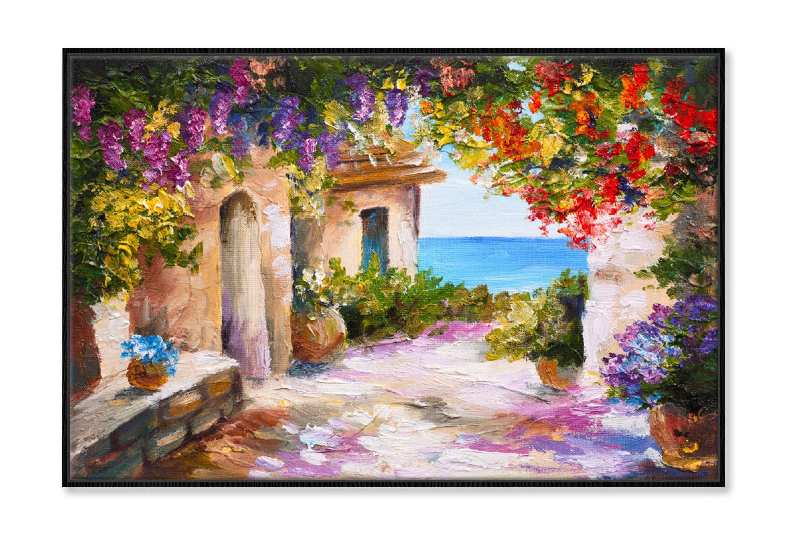 Flowers & Plants House near Sea Oil Painting Wall Art Limited Edition High Quality Print Canvas Box Framed Black