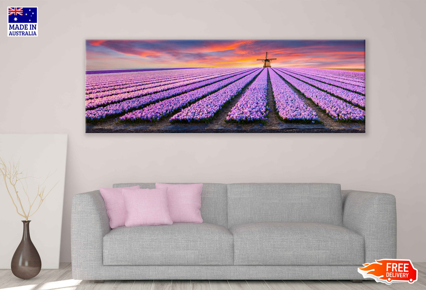 Panoramic Canvas Pink Hyacinth Field View Photograph High Quality 100% Australian Made Wall Canvas Print Ready to Hang