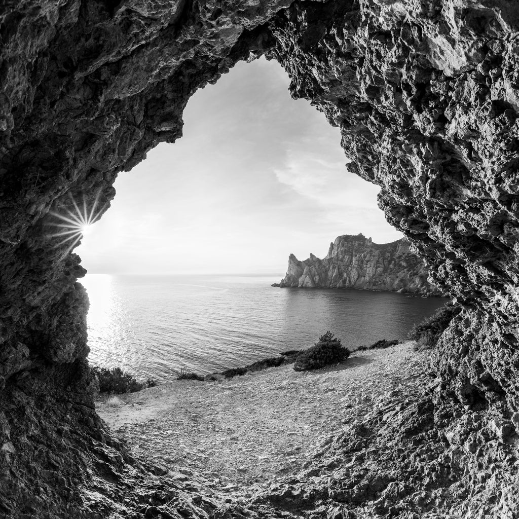 Square Canvas Beach View From Cave B&W View Photograph High Quality Print 100% Australian Made