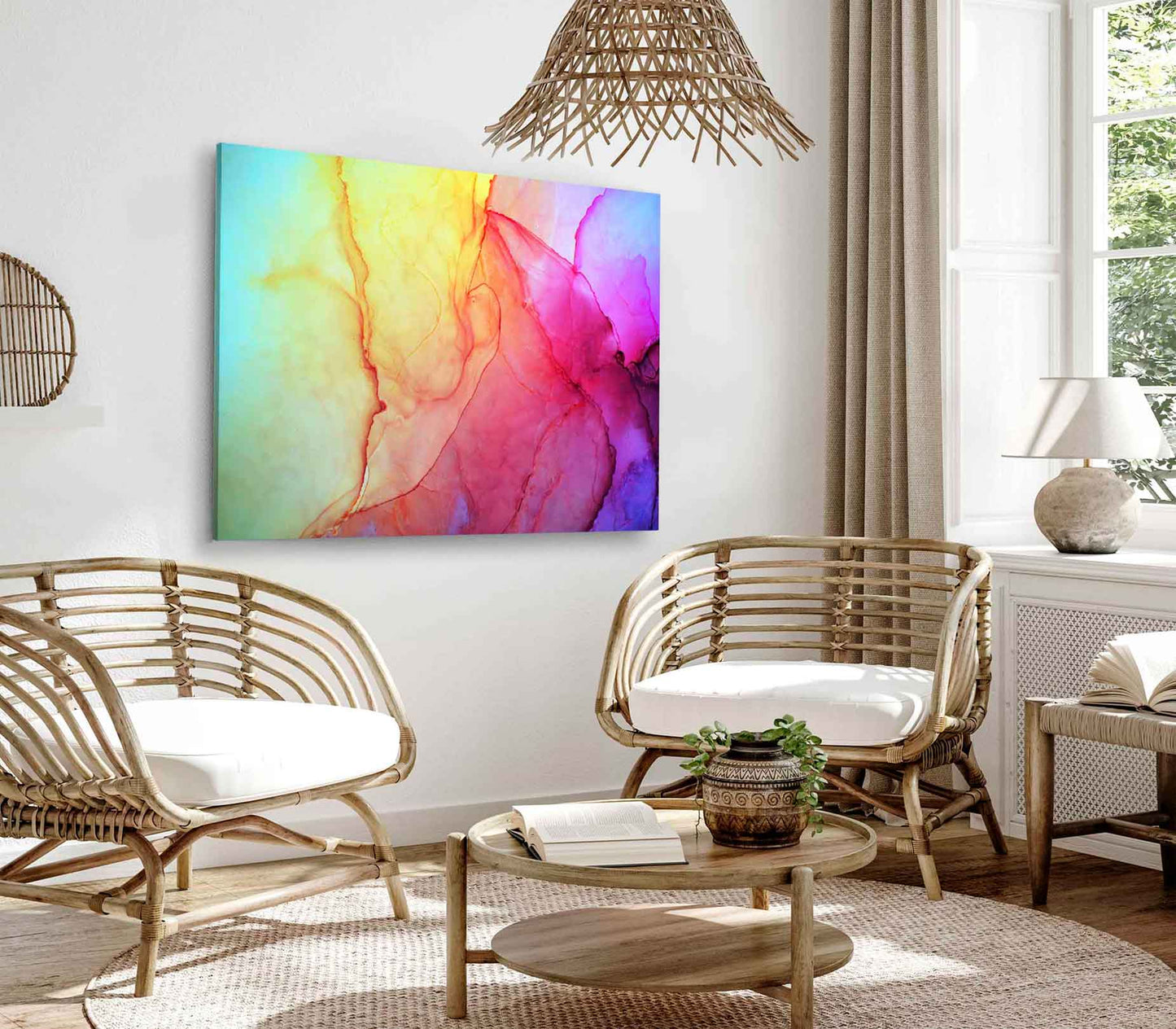 Bella Home Pink Yellow & Blue Abstract Art Print Canvas Ready to hang