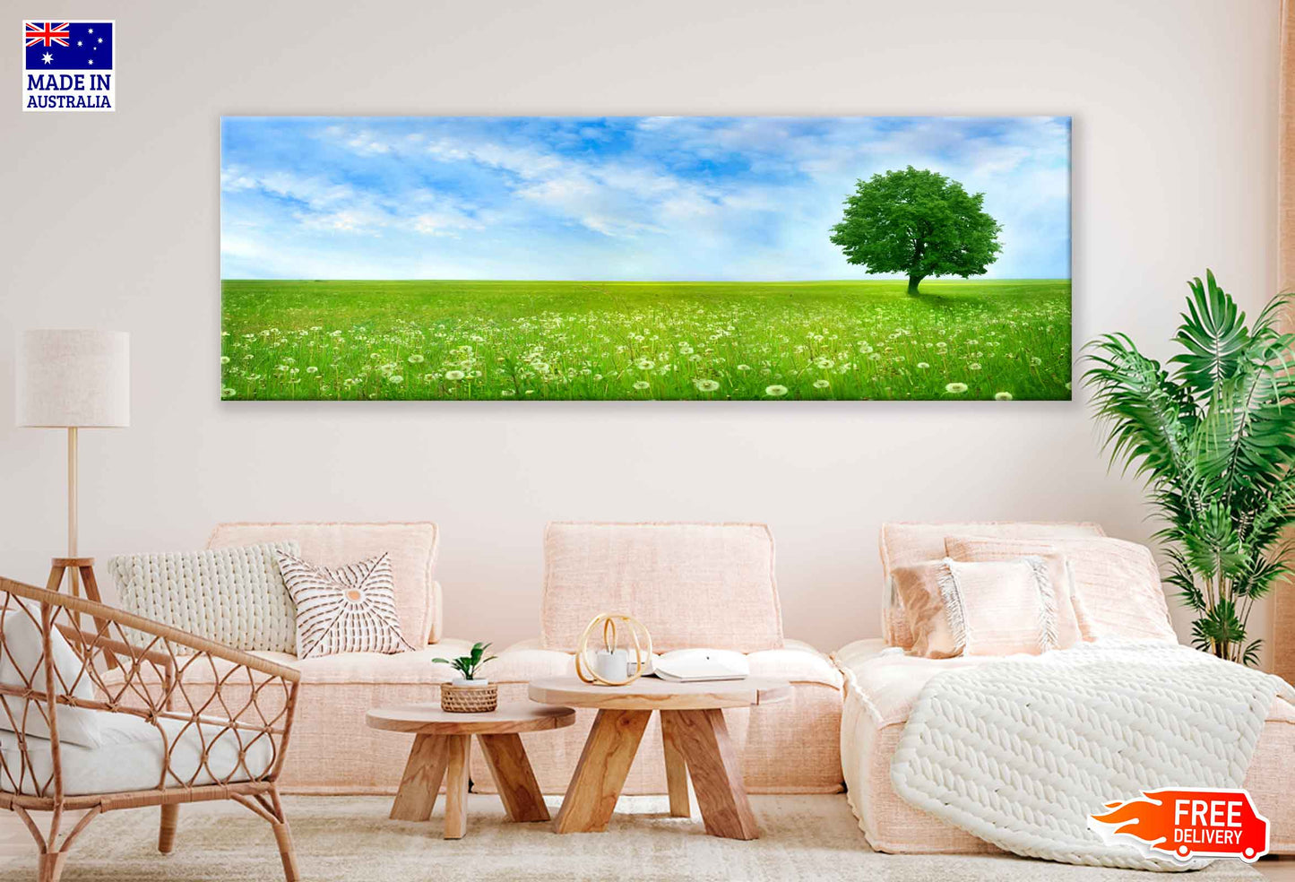 Panoramic Canvas Tree on Grass Field View Photograph High Quality 100% Australian Made Wall Canvas Print Ready to Hang