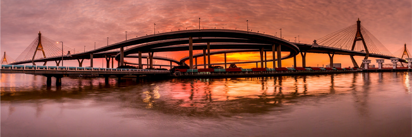 Panoramic Canvas Bhumibol Bridge Sunset View Photograph High Quality 100% Australian Made Wall Canvas Print Ready to Hang