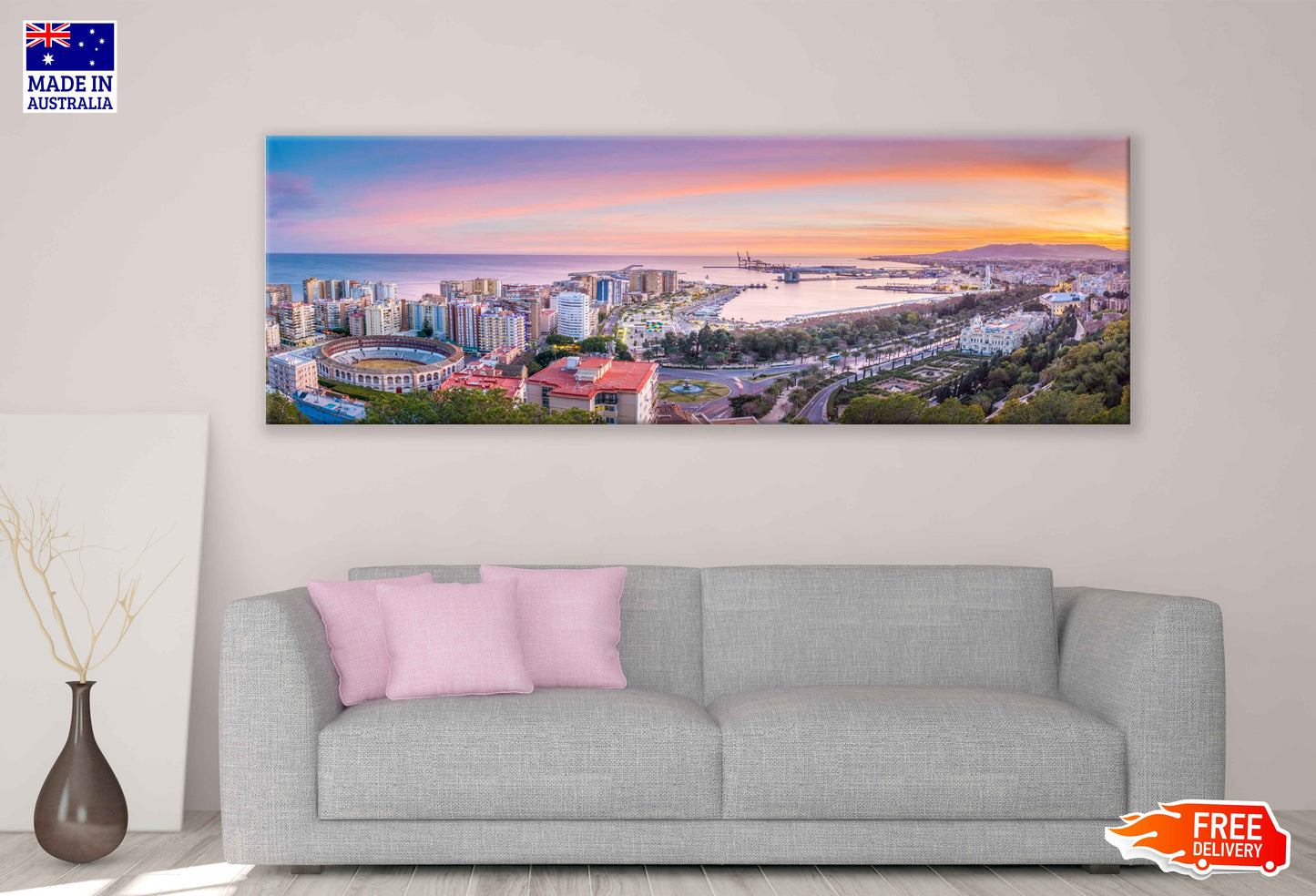 Panoramic Canvas Malaga City Sunset View Photograph High Quality 100% Australian Made Wall Canvas Print Ready to Hang