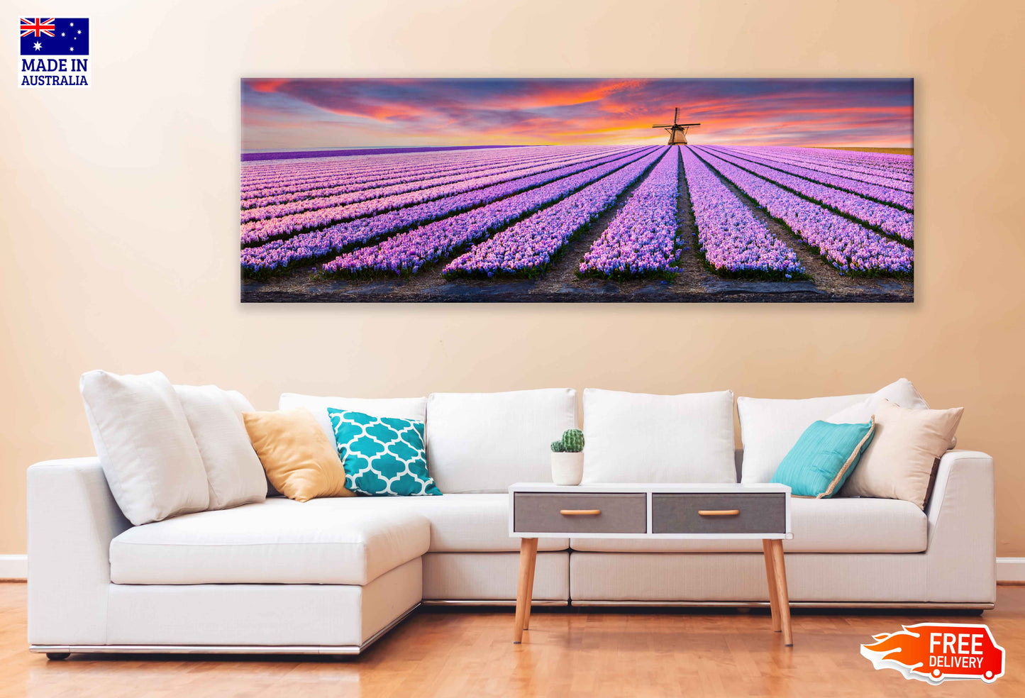 Panoramic Canvas Pink Hyacinth Field View Photograph High Quality 100% Australian Made Wall Canvas Print Ready to Hang