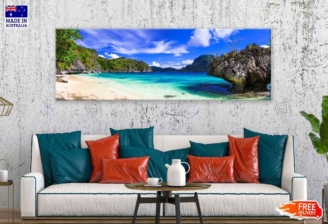 Panoramic Canvas Rocky Beach Blue Sky Photograph High Quality 100% Australian Made Wall Canvas Print Ready to Hang