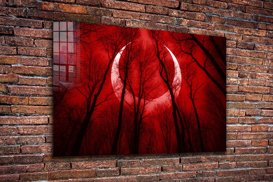 Red Sky Moon with Trees Print Tempered Glass Wall Art 100% Made in Australia Ready to Hang