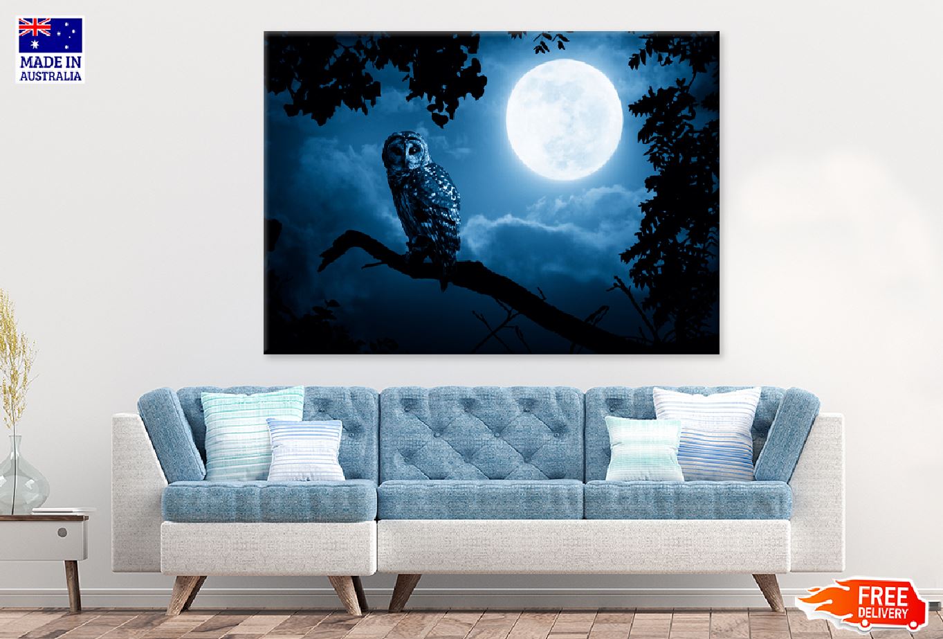 Bright Moon & Barred Owl on Tree Photograph Print 100% Australian Made