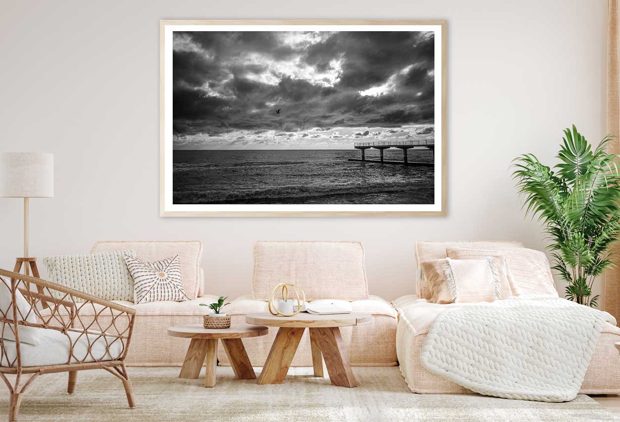 Pier on Sea with Cloudy Sky B&W View Photograph Home Decor Premium Quality Poster Print Choose Your Sizes