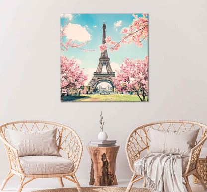 Square Canvas Eiffel Tower in Paris With Pink Flowers High Quality Print 100% Australian Made