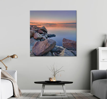 Square Canvas Rocks on Sea Sunset Scenery Photograph High Quality Print 100% Australian Made