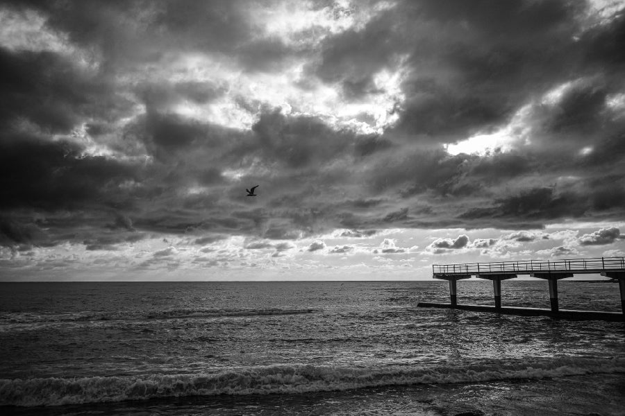 Pier on Sea with Cloudy Sky B&W Photograph Print 100% Australian Made