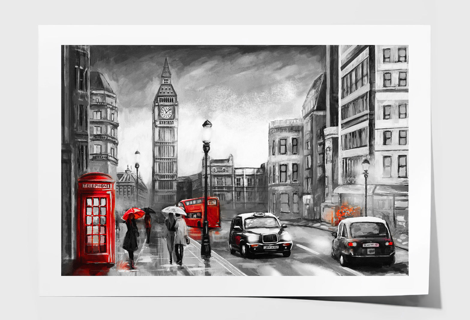 B&W Big Ben Street View with Red Bus & Booth Painting Wall Art Limited Edition High Quality Print Unframed Roll Canvas None