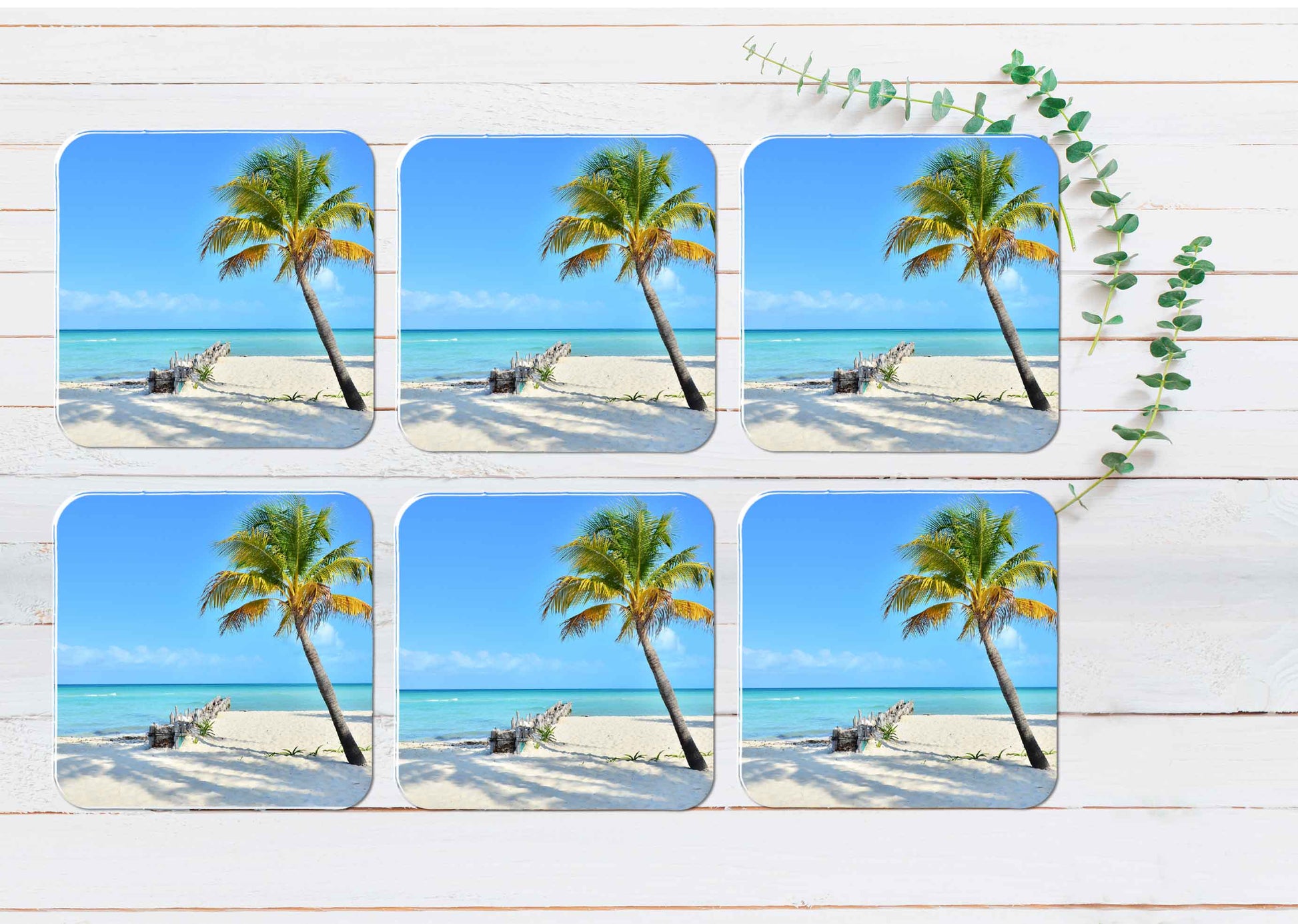 Coconut Palm Tree On Beach Coasters Wood & Rubber - Set of 6 Coasters