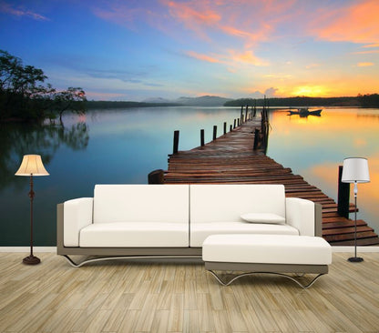 Wallpaper Murals Peel and Stick Removable Wooden Pier Over Lake at Sunset High Quality