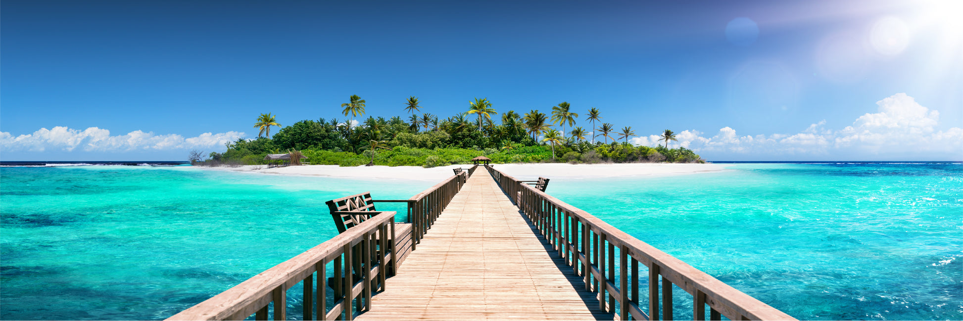 Panoramic Canvas Stunning Wooden Bridge Over Sea Scenery Photograph High Quality 100% Australian Made Wall Canvas Print Ready to Hang