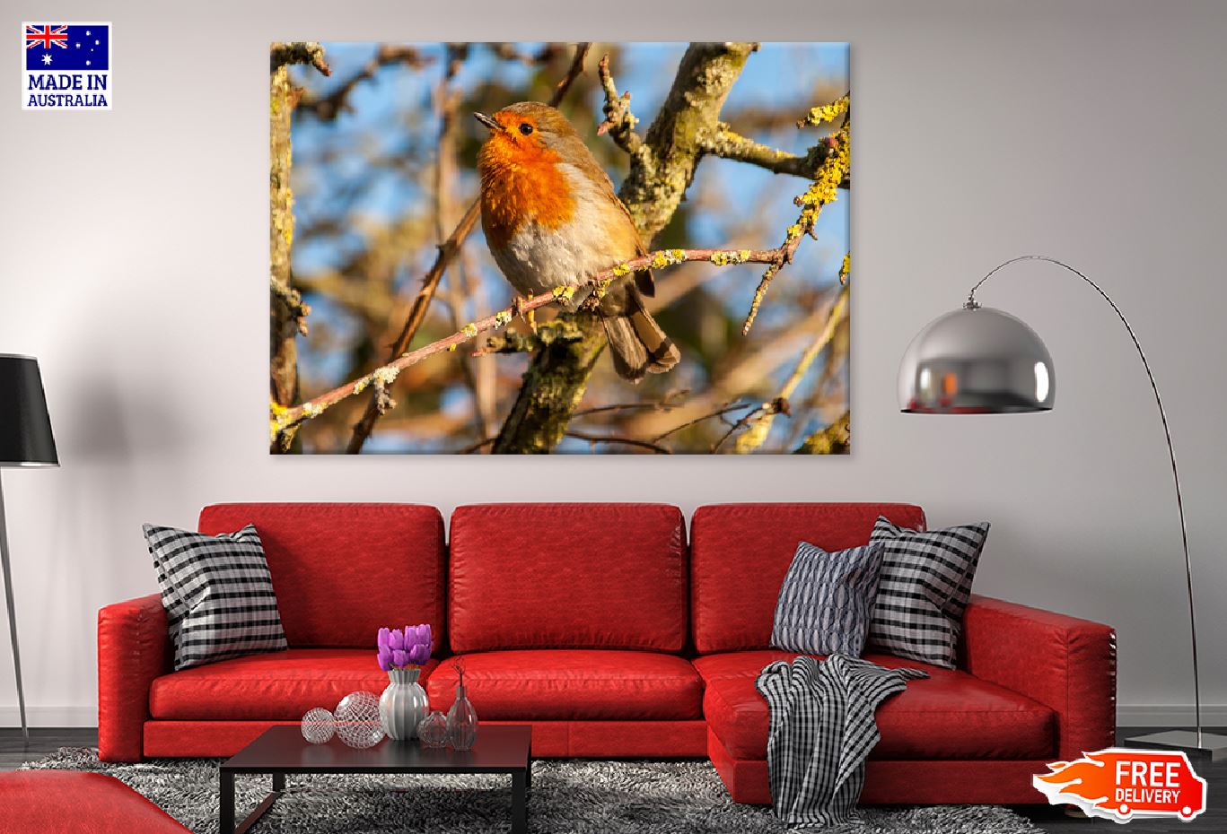 European Robin Bird on Tree View Photograph Print 100% Australian Made