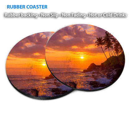 Sunset Beach With Palm Trees & Rocks Coasters Wood & Rubber - Set of 6 Coasters
