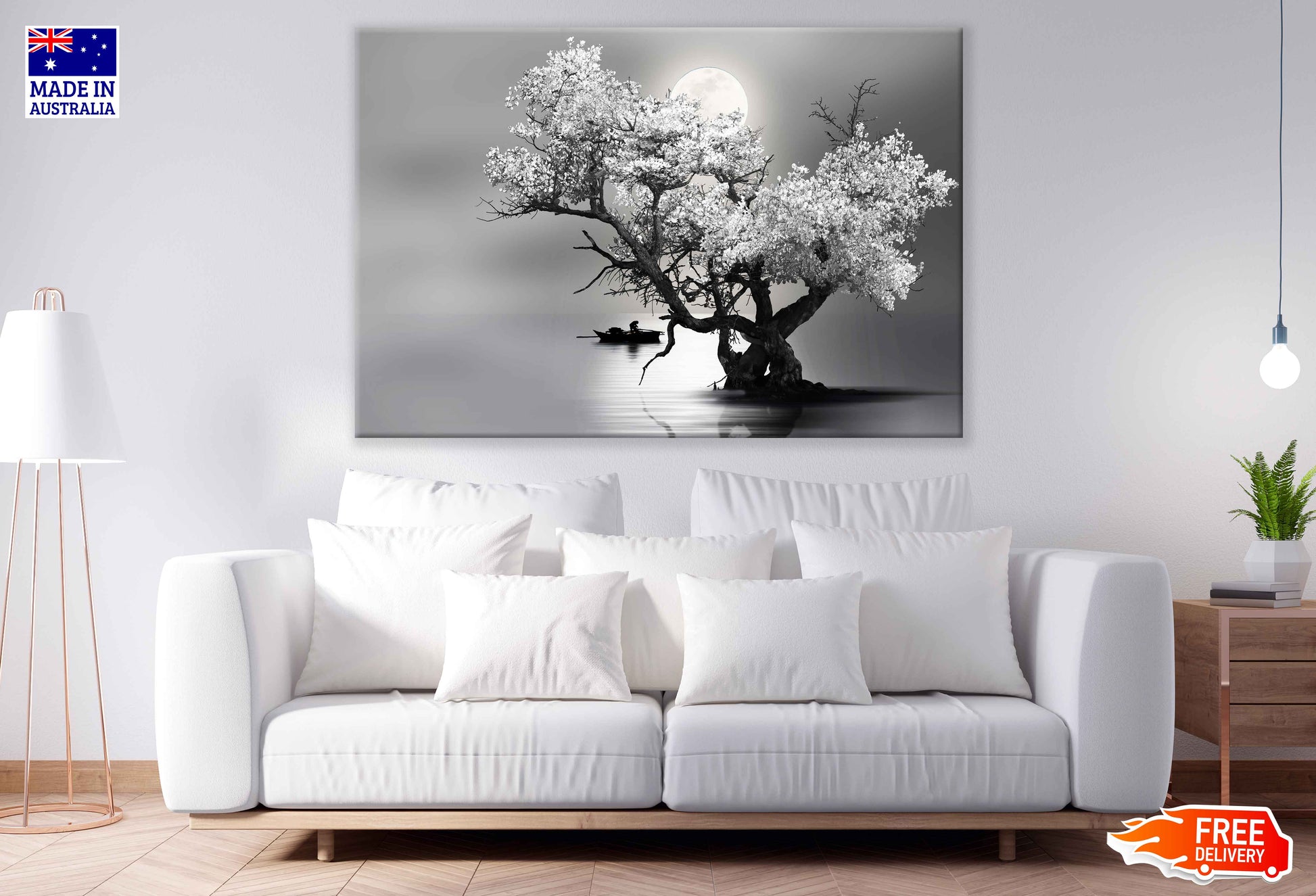 Tree on Lake Full Moon Night B&W View Photograph Print 100% Australian Made