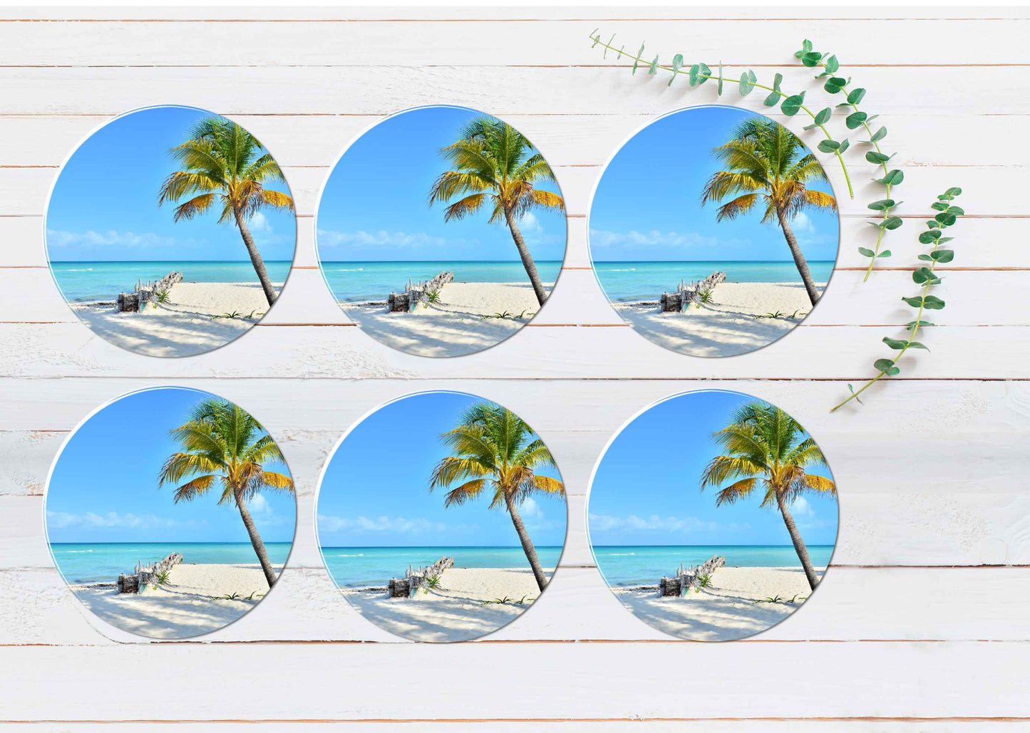 Coconut Palm Tree On Beach Coasters Wood & Rubber - Set of 6 Coasters