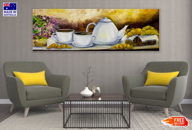 Panoramic Canvas Kettle & Cups Painting High Quality 100% Australian made wall Canvas Print ready to hang
