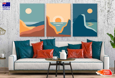 3 Set of Sea Mountain View Vector Illustration High Quality Print 100% Australian Made Wall Canvas Ready to Hang