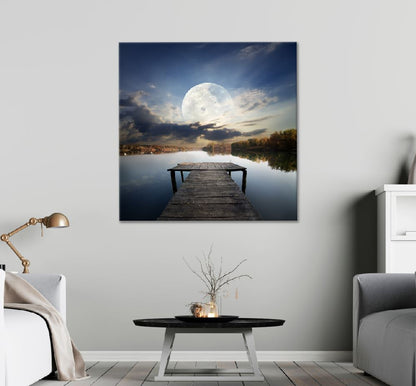 Square Canvas Fishing Pier River Full Moon View Photograph High Quality Print 100% Australian Made