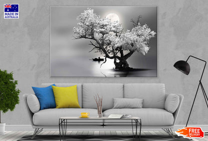 Tree on Lake Full Moon Night B&W View Photograph Print 100% Australian Made