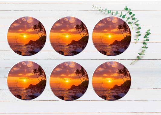 Sunset Beach With Palm Trees & Rocks Coasters Wood & Rubber - Set of 6 Coasters