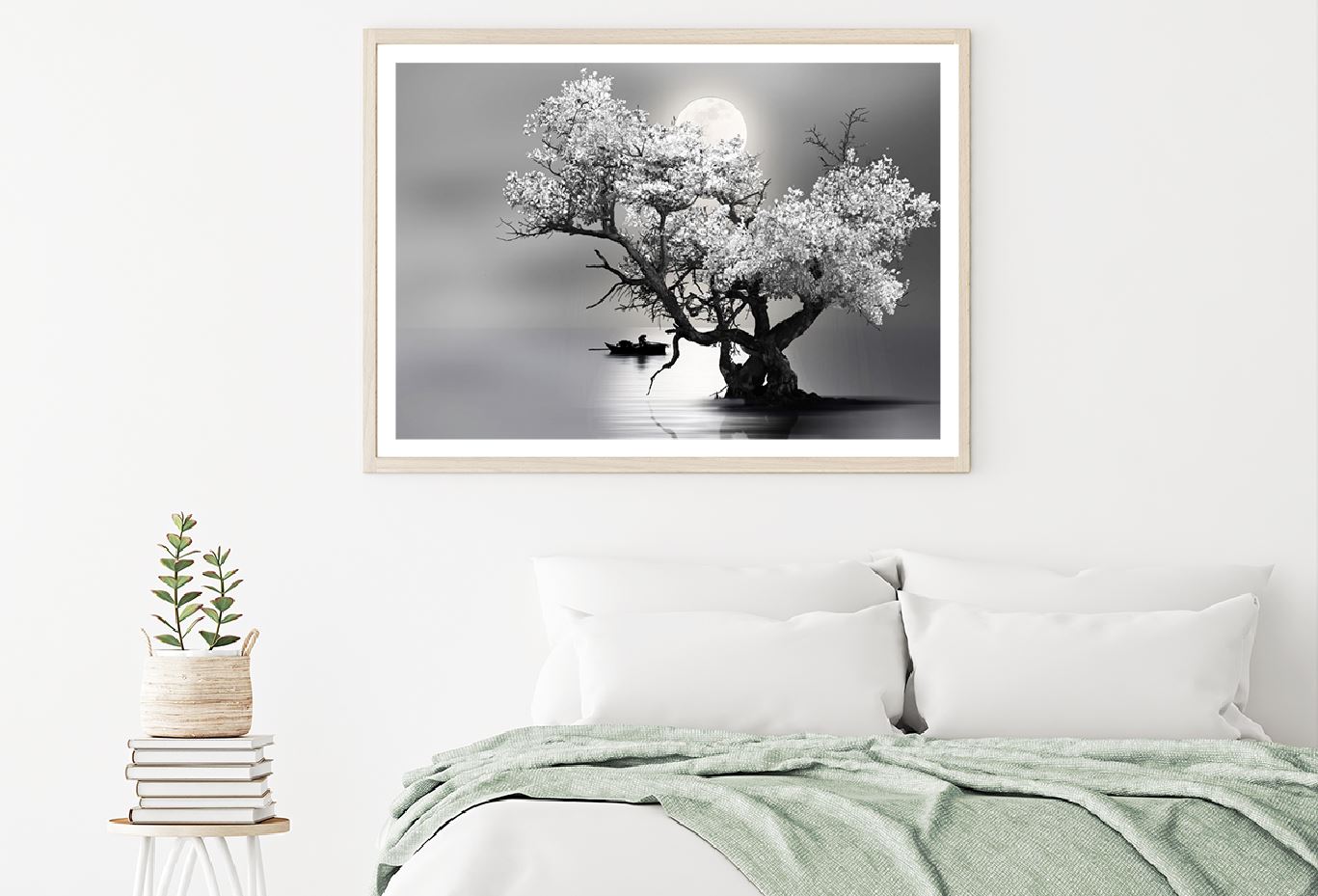 Tree on Lake Full Moon Night B&W Photograph Home Decor Premium Quality Poster Print Choose Your Sizes