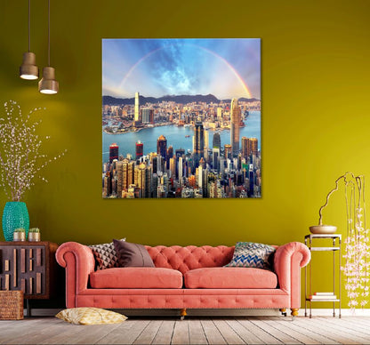 Square Canvas Rainbow over Hong Kong City View Photograph High Quality Print 100% Australian Made