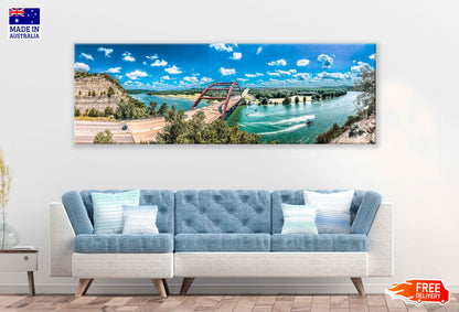 Panoramic Canvas Pennybacker Bridge & Sea Photograph High Quality 100% Australian Made Wall Canvas Print Ready to Hang